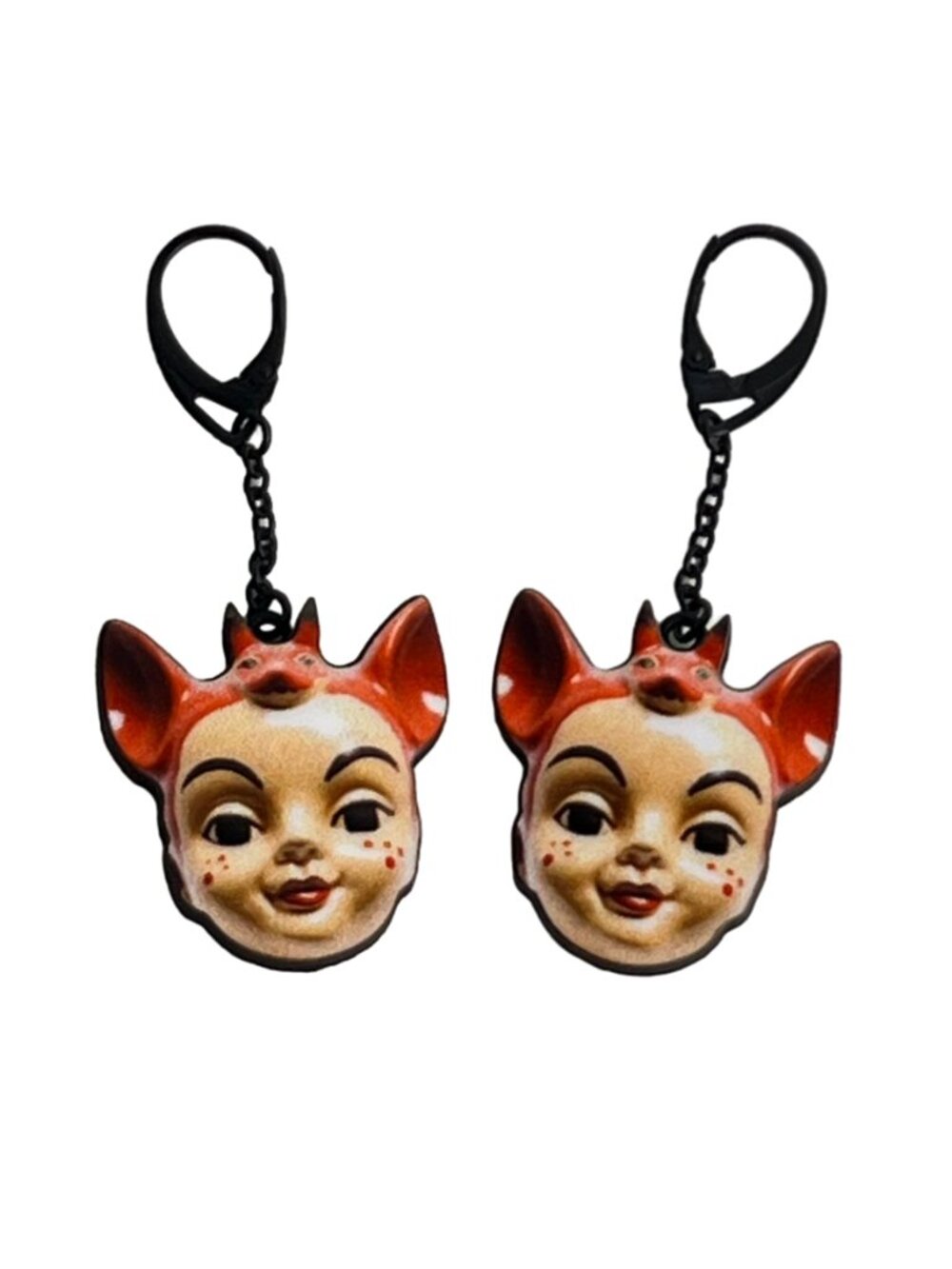 Vintage Style Kitsch Doll Head with Fox Ears Wood Drop Earrings Creepy-Cute